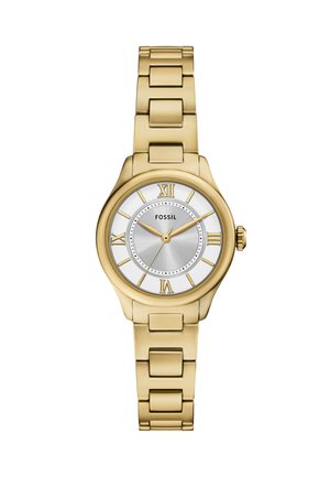 Goldfarbene Fossil-Uhr mit einem metallischen Gliederarmband, silberfarbener Zifferblatt, römischen Ziffern und einem strukturierten Mittelteil für visuellen Kontrast.