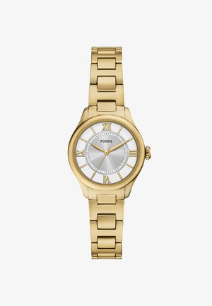Reloj Fossil en tono dorado con una pulsera metálica, esfera en tono plateado, marcadores en números romanos y un centro texturizado para un contraste visual.
