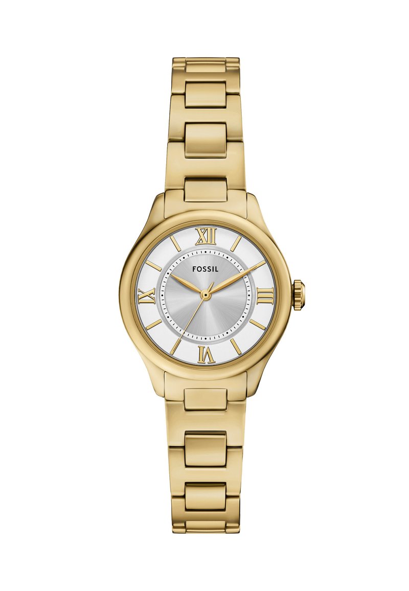 Orologio Fossil dorato con bracciale a maglie metalliche, quadrante argentato, indicatori con numeri romani e un centro testurizzato per un contrasto visivo.