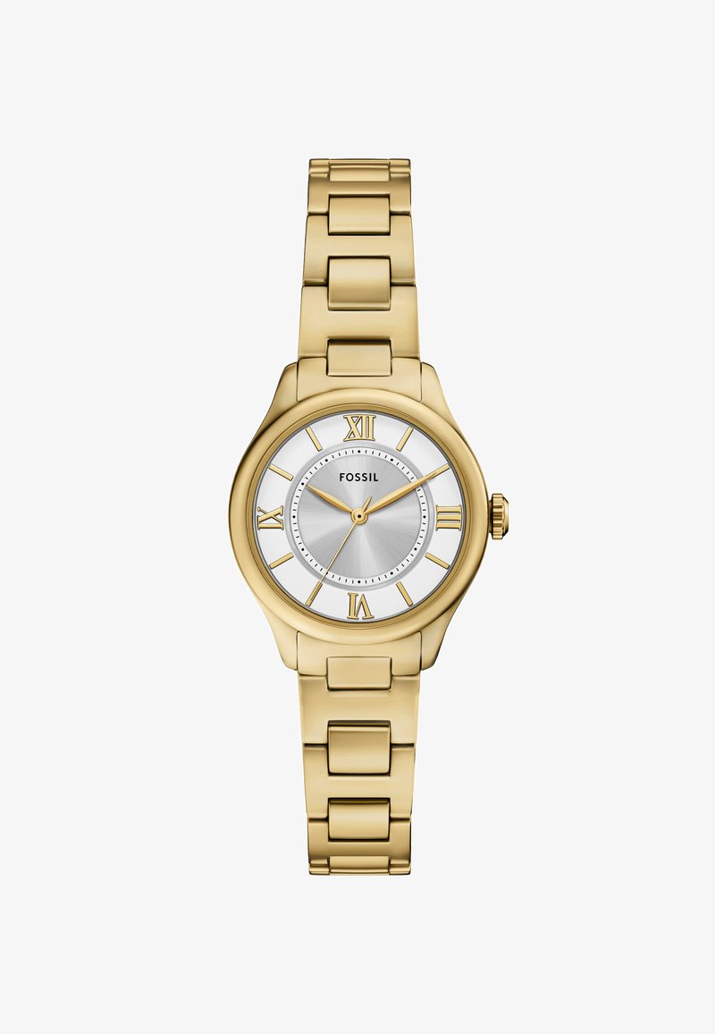 Orologio Fossil dorato con bracciale a maglie metalliche, quadrante argentato, indicatori con numeri romani e un centro testurizzato per un contrasto visivo.