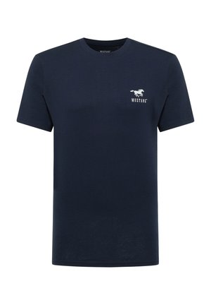 Navy blue cotton t-shirt with short sleeves, crew neck, and a small white Mustang logo on the left chest. Smooth texture and simple design.
