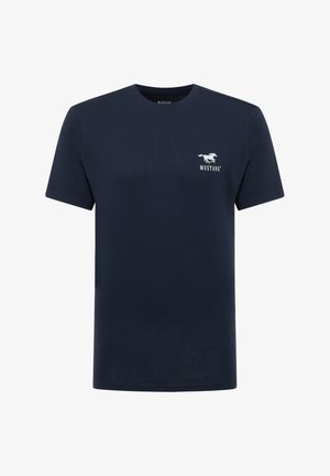 Navy blue cotton t-shirt with short sleeves, crew neck, and a small white Mustang logo on the left chest. Smooth texture and simple design.