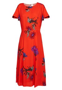 Robe fleurie rouge avec manches courtes, encolure ronde et silhouette trapèze ornée de grands motifs floraux colorés. Texture de tissu douce.