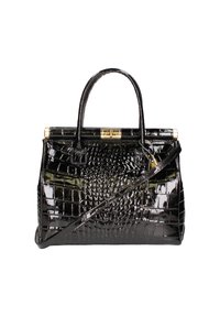 Borsa a mano in pelle patent nera con texture effetto coccodrillo, due manici superiori, tracolla rimovibile e chiusura in tonalità oro.