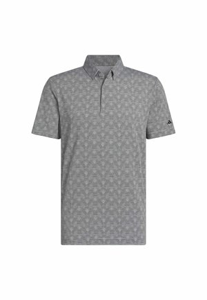 Gray striped polo shirt with a collar, two buttons, and short sleeves. Features a subtle geometric pattern and an Adidas logo on the sleeve.