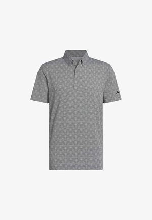 Gray striped polo shirt with a collar, two buttons, and short sleeves. Features a subtle geometric pattern and an Adidas logo on the sleeve.