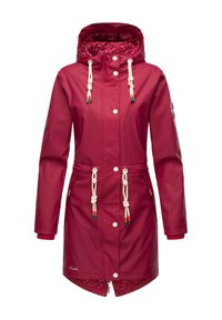 Waterproof red raincoat with a hood, drawstring waist, white toggle accents, and a patterned inner lining. Features snap and zip closures.