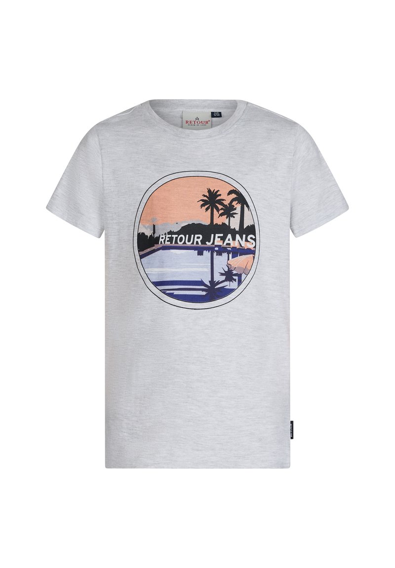 Grijze katoenen t-shirt met een cirkelvormige afbeelding van palmbomen, water en de tekst "RETOUR JEANS" in vette letters. Ontwerp met korte mouwen en ronde hals.