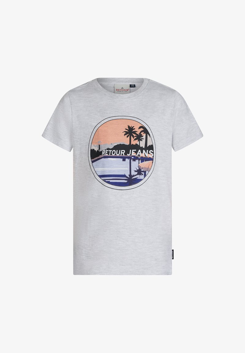 Grijze katoenen t-shirt met een cirkelvormige afbeelding van palmbomen, water en de tekst "RETOUR JEANS" in vette letters. Ontwerp met korte mouwen en ronde hals.