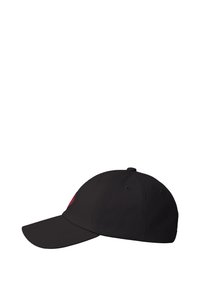 Black baseball cap with a curved brim, six ventilation eyelets, and a small round button on top, shown from the side on a white background.