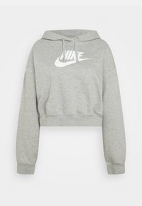 Sudadera corta gris hecha de una mezcla de algodón. Presenta un gran logo blanco de Nike en la parte delantera, con capucha ajustable y puños acanalados.