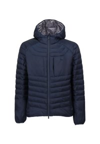 Marineblaue Steppjacke mit Kapuze, gestepptem Design, Frontreißverschluss und einer Brusttasche. Glatte, glänzende Innenauskleidung.