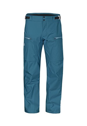Wasserdichte, blaue Skihosen mit strukturierter Oberfläche, verstellbarem Bund und zwei Reißverschluss-Taschen auf der Vorderseite. Verstärkte Nähte und Beine.