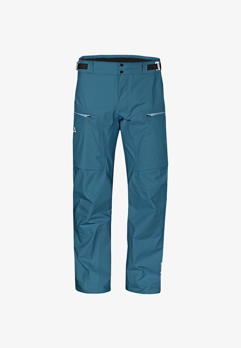 Vedenkestävät, siniset hiihtohousut, joissa on tekstuuri, säädettävä vyötärö ja kaksi vetoketjullista taskua edessä. Vahvistetut saumat ja lahkeet.