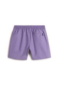 Shorts de bain violets en tissu lisse. Présentent une taille élastique et une poche arrière avec une petite fermeture éclair.