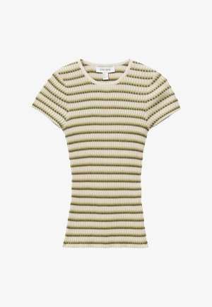 Camiseta de manga corta de punto acanalado con rayas horizontales en crema, verde oliva y amarillo mostaza, silueta ajustada, cuello redondo.