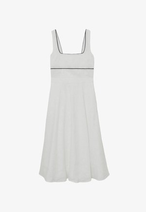 Fehér, ujjatlan midi ruha négyzet alakú nyakkivágással és fekete csíkozással a mellrész és a pántok mentén.