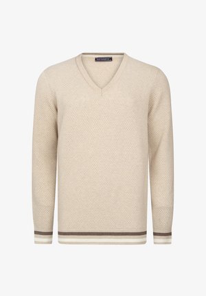 Beige gebreide pullover met een V-hals, een textuurpatroon en contrasterende gestreepte accenten in donkerbruin en crème bij de mouwen en de zoom.