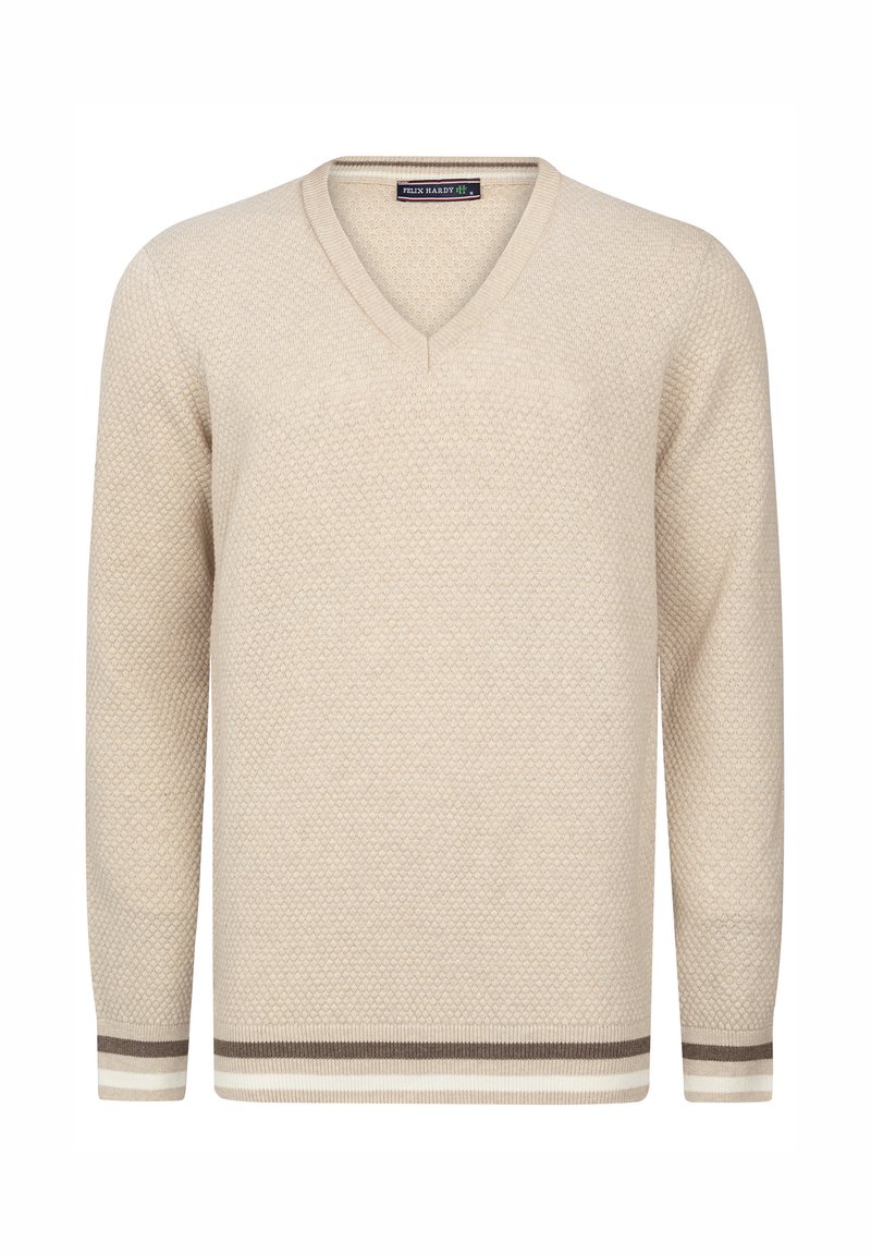 Beige kudumü pullover V-kaelusega, tekstuurse mustriga ning kontrastsete tumepruunide ja kreemjate triipudega ääres ja varrukaotstes.