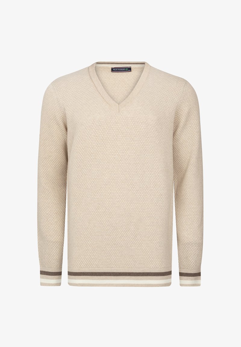 Beige kudumü pullover V-kaelusega, tekstuurse mustriga ning kontrastsete tumepruunide ja kreemjate triipudega ääres ja varrukaotstes.