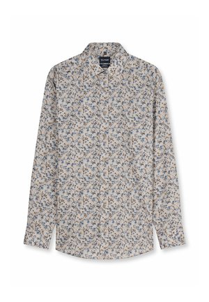 Beige overhemd met lange mouwen met blauw en bruin bloemenpatroon, voor met knopen en een puntige kraag.