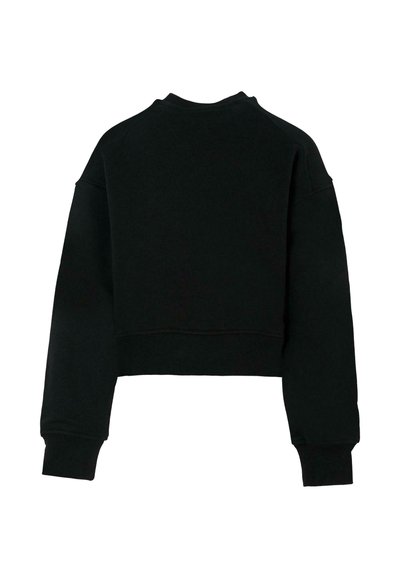 Pullover corto nero con maniche lunghe, scollo a girocollo e polsini a costine. Tessuto morbido, con un design semplice e minimalista.