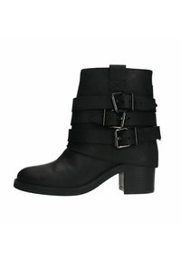 Bottines noires avec une finition en cuir lisse, dotées de trois sangles ajustables avec des boucles métalliques et un talon épais.