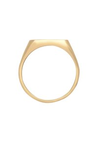 Anello d'oro con una superficie liscia e lucidata. Presenta un design angolare unico nella parte superiore, che si assottiglia verso una fascia arrotondata. Stile minimalista.