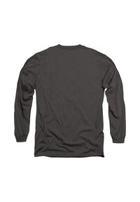 Long-sleeve shirt in dark gray cotton. Features a crew neck, straight hem, and fitted sleeves. No visible logos or patterns. Simple design.