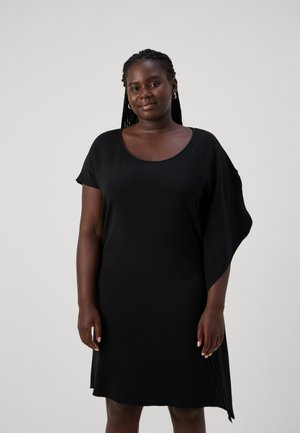 Black dress, loose fit with short sleeves, round neckline, side slit, smooth texture, knee-length, minimalist design.