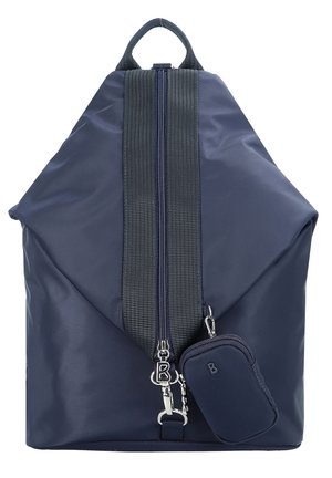 Navyblauer Rucksack mit zentralem vertikalem Reißverschluss, passendem Träger und kleinem angebrachtem Reißverschlussbeutel mit "B"-Logo.