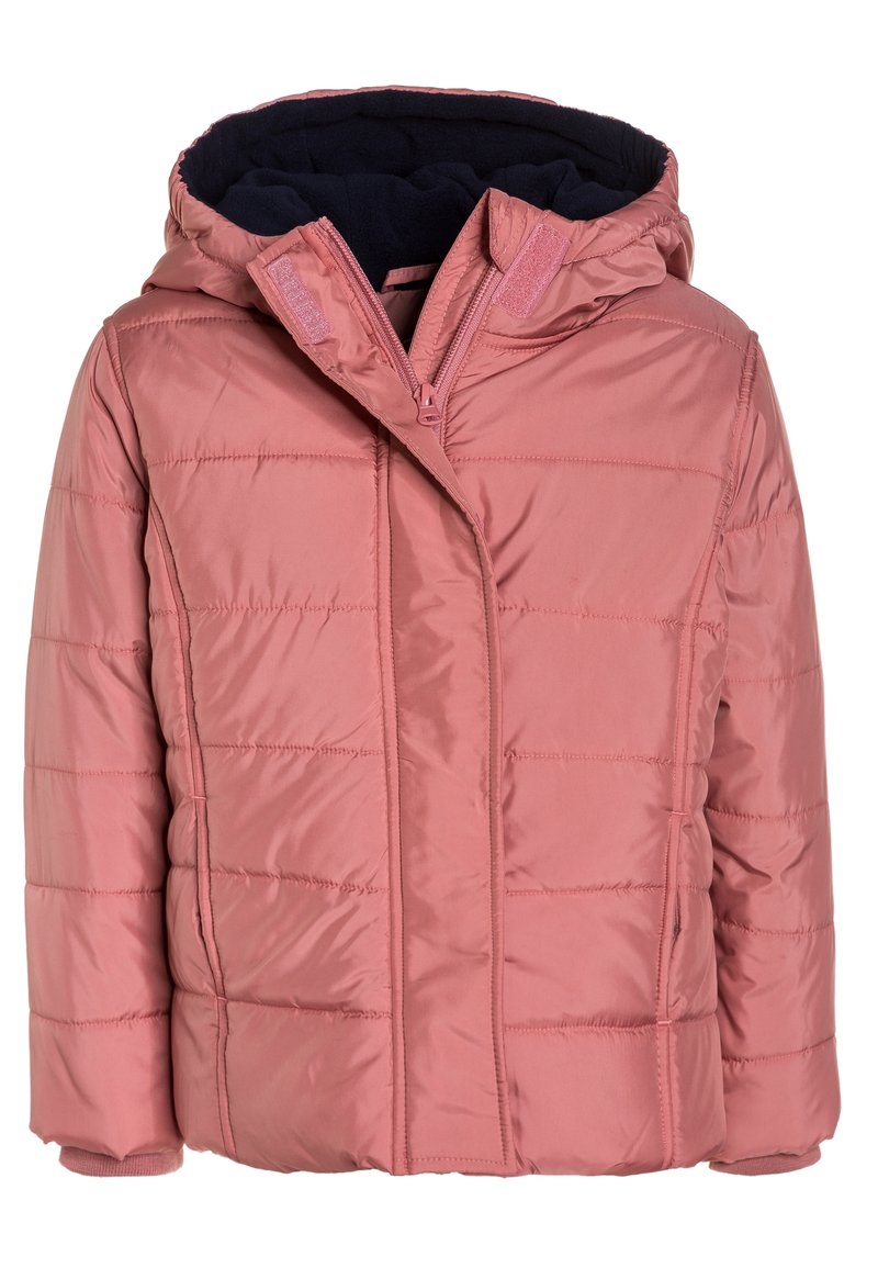 Veste rose rembourrée avec capuche, dotée d'une fermeture zippée, de poignets élastiques et d'un design matelassé pour la chaleur et le confort.