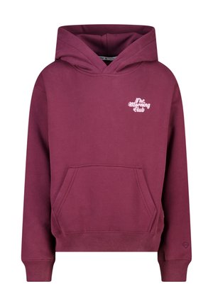 Burgunderfarbene Kapuzenjacke mit einer Fronttasche und gerippten Bündchen. Verziert mit weißem, gesticktem Schriftzug "The Morning Club" auf der Brust. Weicher Stoff.