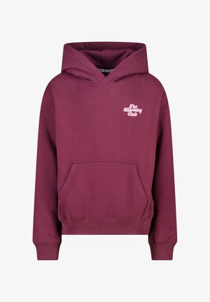 Felpa bordeaux con tasca frontale e polsini a coste. Presenta la scritta bianca ricamata "The Morning Club" sul petto. Tessuto morbido.