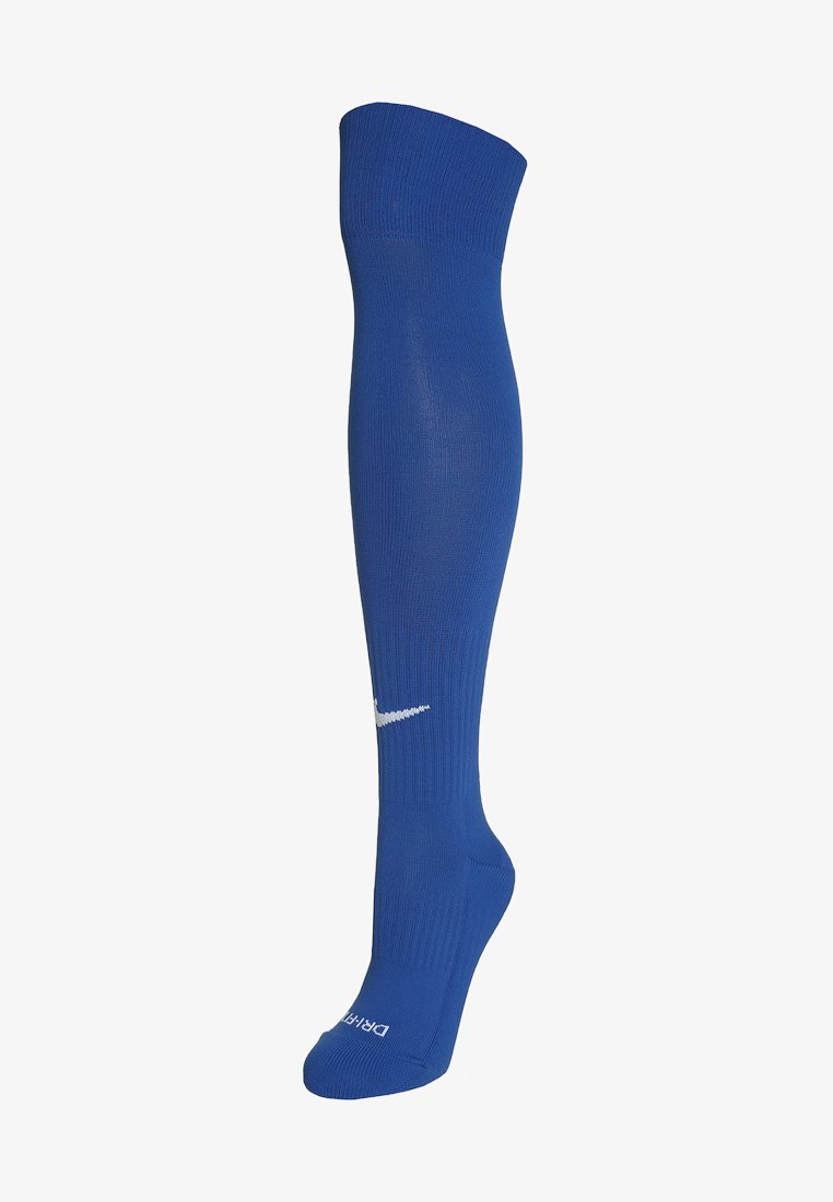 Sinine põlve kõrgune sokk, mis on valmistatud venivast materjalist, millel on valge Nike logo ja ribide tekstuur ülemisel osal mugavuse ja haakimise tagamiseks.