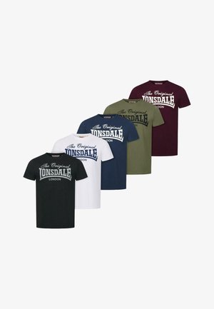 Five short-sleeve crew neck T-shirts in black, white, navy, olive, and maroon with "The Original Lonsdale London" logo on the front.
