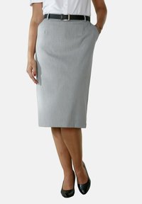 Grå kjol med rak skärning, med sidofickor och ett svart bälte, parat med svarta klackar. Slät textur, knälång design.