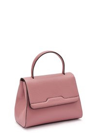 Borsa rettangolare in morbida pelle rosa con texture a granuli, dotata di manico superiore e chiusura a patta magnetica con dettagli a contrasto.