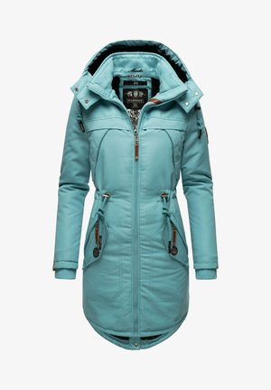 Light blue, waterproof jacket with a hood, zip closure, adjustable drawstrings, and side pockets; textured fabric with contrasting accents.