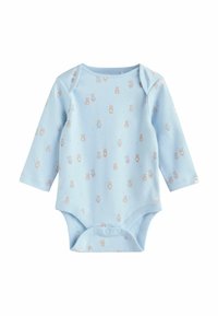 Ljusblå långärmad baby-body med mönster av små nallar, försedd med tryckknappar i botten och mjukt bomullsmaterial.