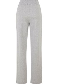 Lysegrå sweatpants lavet af blødt stof, med elastisk talje og to sidelommer; lige ben-design, minimal tekstur.