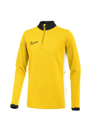 Gelbes langärmeliges Sportoberteil mit schwarzem Viertel-Reißverschluss und Kragen, kleinem schwarzem Swoosh-Logo auf der linken Brust und weißen Seitenpaneelen.