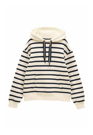 Krémová mikina s námořnickými horizontálními pruhy, přední kapsou, námořnickými šňůrkami a měkkým, útulným vzhledem.