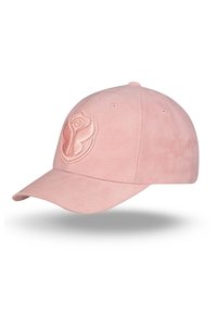 Roze suede baseballcap met geborduurd rozenlogo op de voorkant. Gebogen rand, zes oogjes voor ventilatie en verstelbare band aan de achterkant.