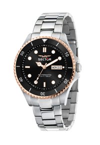 Automatic watch with a black dial, luminescent hour markers, stainless steel and rose gold bezel, and a silver metal bracelet. Date display included.