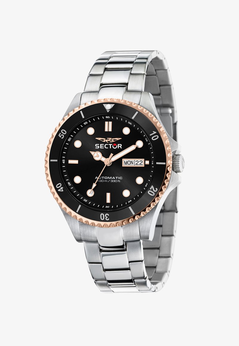 Automatic watch with a black dial, luminescent hour markers, stainless steel and rose gold bezel, and a silver metal bracelet. Date display included.