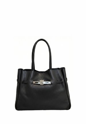 Borsa a mano in pelle nera con forma strutturata, due manici e chiusura a girello rettangolare in argento al centro frontale.