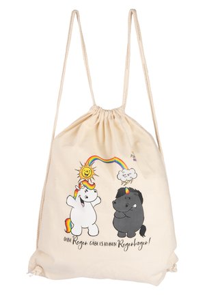 Cotton drawstring bag in natural color featuring cartoon unicorns, a sun, and a cloud, with a rainbow arc and German text.