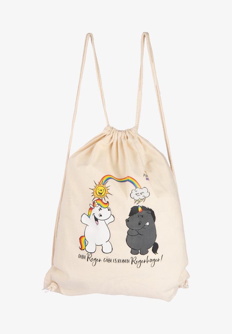 Borsa in cotone con coulisse di colore naturale, caratterizzata da unicorni a cartone animato, un sole e una nuvola, con un arco di arcobaleno e testo in tedesco.
