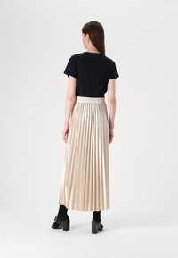 Tricou negru combinat cu o fustă maxi plisată, aurie metalizată. Fusta are un talie elastică și strălucește sub lumină. Pantofi negri.